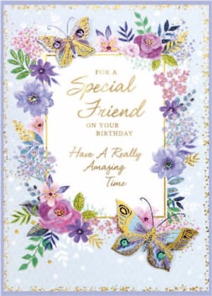 a birthday card for a special friend with purple flowers and butterflies