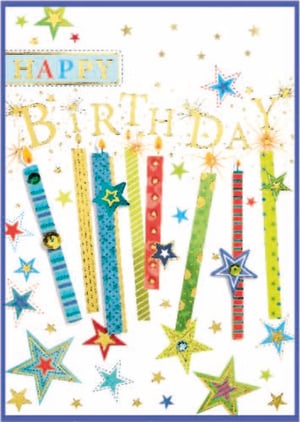 a birthday card with candles and stars says happy birthday