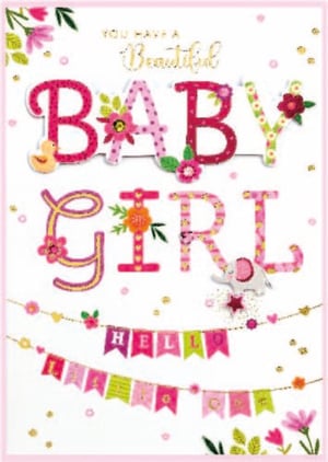 a baby girl greeting card with flowers and elephants