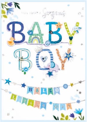 a baby boy greeting card with blue letters and flowers