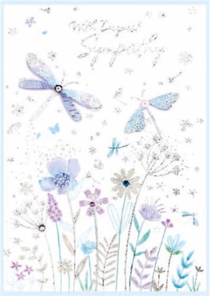 a sympathy card with flowers and dragonflies on it