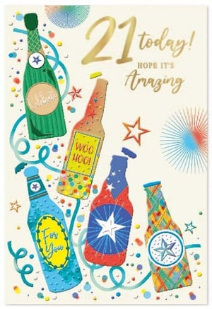 a 21st birthday card with a bunch of beer bottles on it .