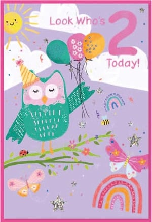 an owl is holding balloons and wearing a party hat on a birthday card .