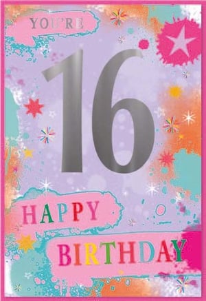 a colorful birthday card for a girl with the number 16 on it .