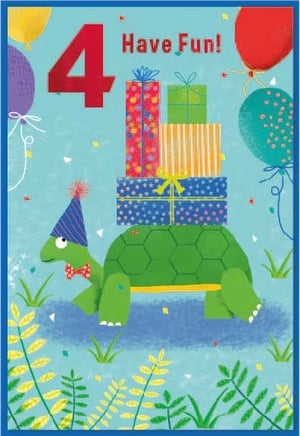 a turtle wearing a party hat is carrying gifts and balloons on its back .