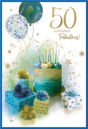 a 50th birthday card with a cake , gifts and balloons .