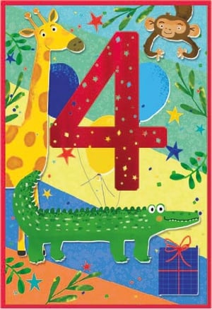 a birthday card with a giraffe , crocodile , monkey and balloons .