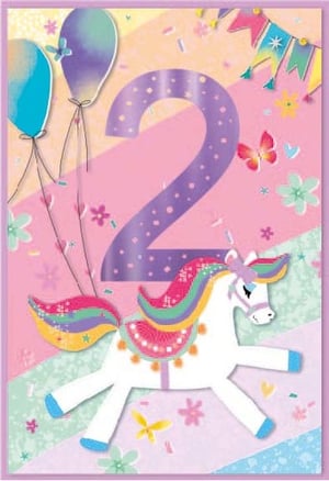 a birthday card for a girl with a unicorn and balloons .