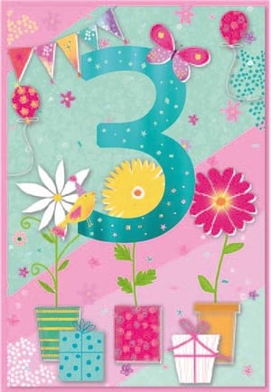 a birthday card for a girl with flowers , gifts , and a butterfly on it .