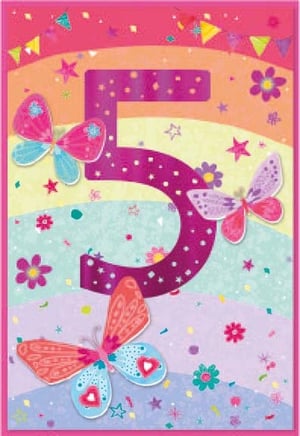 a pink birthday card with the number five and butterflies on it .