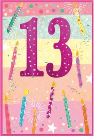 a pink 13th birthday card with candles and confetti .