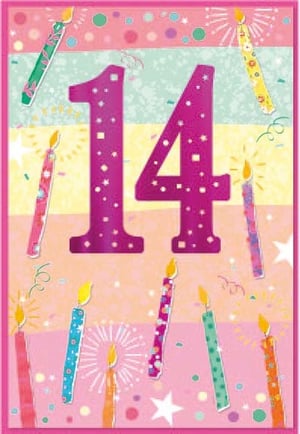 a pink 14th birthday card with candles and confetti .