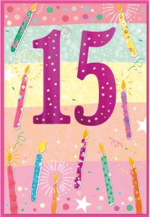 a pink 15th birthday card with candles and confetti .
