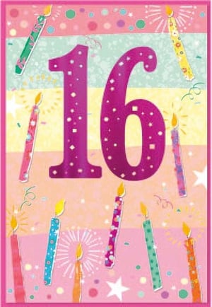 a 16th birthday card with candles and confetti on a pink background .