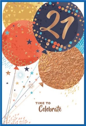 a birthday card with balloons and the number 21 on it