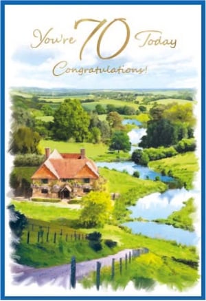 a 70th birthday card with a house and a river in the background .