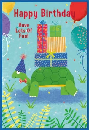 a birthday card with a turtle carrying gifts and balloons on its back .