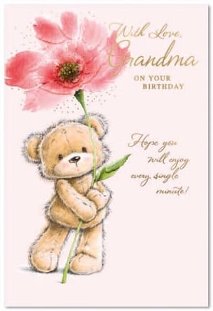 a teddy bear is holding a pink flower on a birthday card .