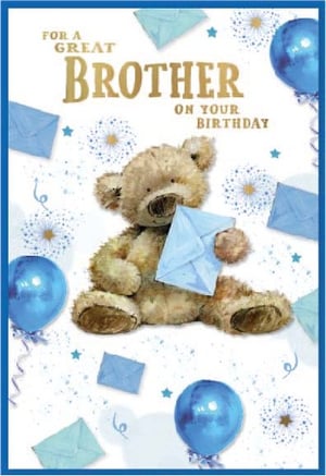 a birthday card for a great brother with a teddy bear holding an envelope