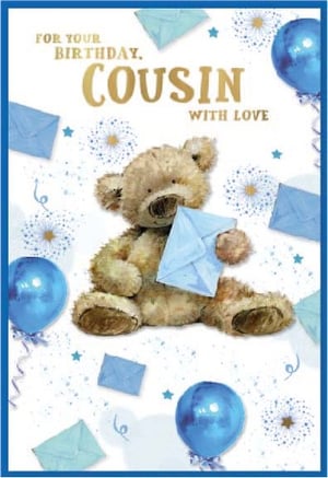 a birthday card for a cousin with a teddy bear holding an envelope
