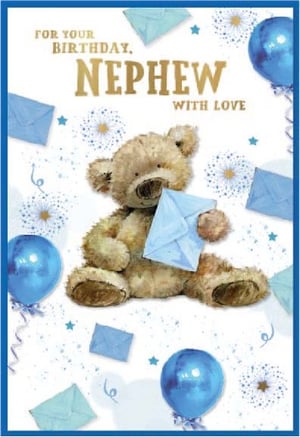 a birthday card for a nephew with a teddy bear holding an envelope