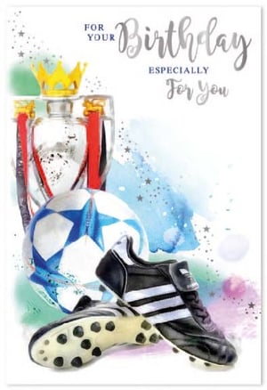 a birthday card for a soccer player with a soccer ball , soccer cleats , and trophies .