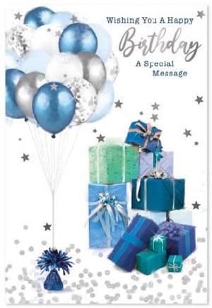 a birthday card with balloons and gifts on it .
