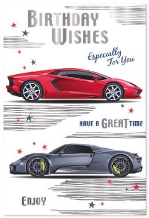a birthday card with two sports cars on it .