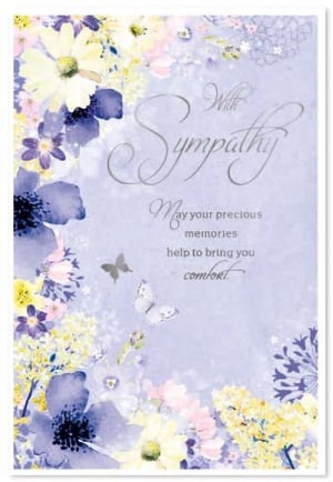 a sympathy card with flowers and butterflies on a purple background .