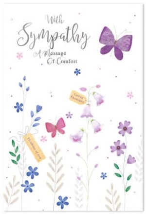 a sympathy card with flowers and butterflies on it .