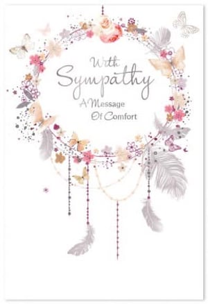 a sympathy card with a dream catcher and feathers on it .