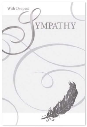 a sympathy card with a feather and swirls on it .