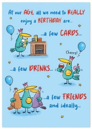a group of birds are standing next to each other on a birthday card .