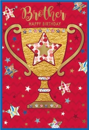 a birthday card for a brother with a gold trophy with a star on it .