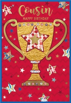 a happy birthday card for a cousin with a gold trophy with a star on it .