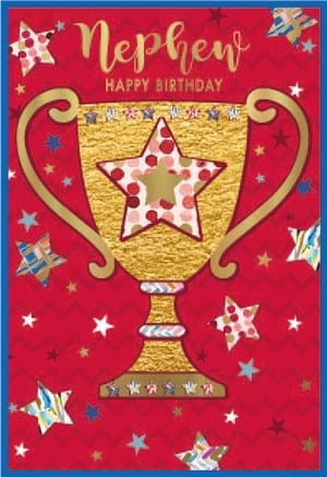 a happy birthday card for a nephew with a gold trophy with a star on it .