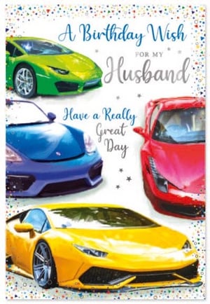 a birthday wish for my husband has three sports cars on it .
