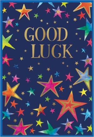 a blue background with colorful stars and the words good luck