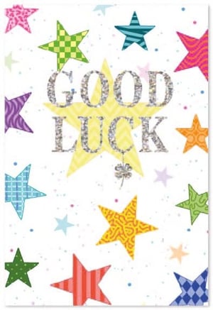 a card that says good luck with colorful stars