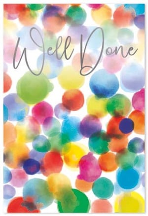 a well done card with colorful watercolor dots on a white background .