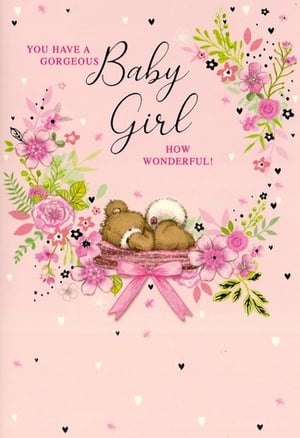 A baby girl greeting card that says, "Ten little fingers, ten tiny toes, the sweetest smile, and a cute little nose."
