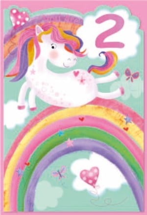 a birthday card with a unicorn on a rainbow and the number 2
