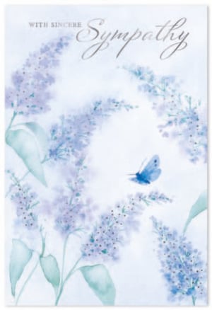 a sympathy card with purple flowers and a blue butterfly