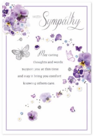 a sympathy card with purple flowers and butterflies on it .