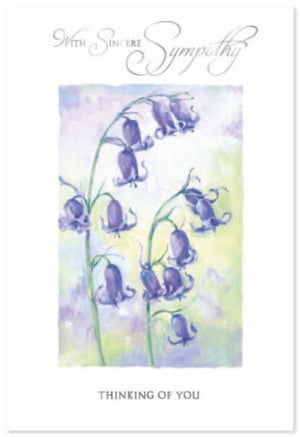 a sympathy card with purple flowers and the words thinking of you