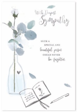 a sympathy card with a vase of flowers and a book .