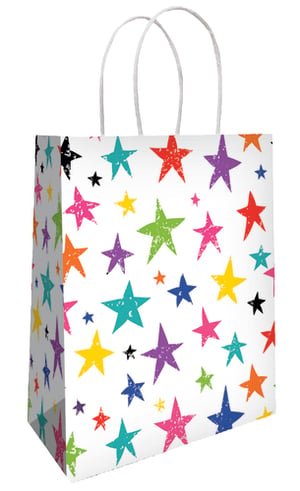 Add a burst of colour and fun to any celebration with these delightful 6 Treat Bags Stars from Simon Elvin. Each bag features a vibrant, eye-catching design of multi-coloured stars in various sizes, scattered across a crisp white background. The stars have a charming distressed texture, giving them a playful, hand-stamped feel.

Perfect for filling with party favours, sweets, or small gifts, these cheerful bags are ideal for birthdays, children's parties, or any festive occasion. Complete with sturdy white twisted paper handles, they're easy for little hands to carry. This convenient pack of 6 ensures you're ready for your next event. Brighten up your retail offering with these universally appealing treat bags!