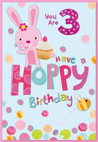 a happy birthday card with a pink bunny holding a cupcake