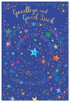 a blue background with colorful stars and the words goodbye and good luck