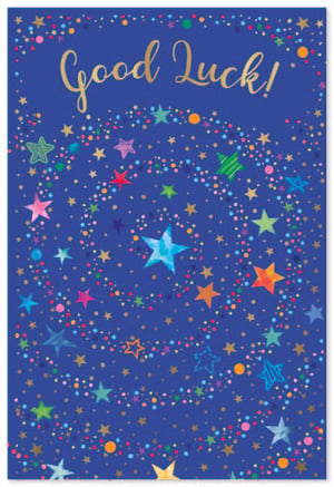 a blue background with colorful stars and the words good luck